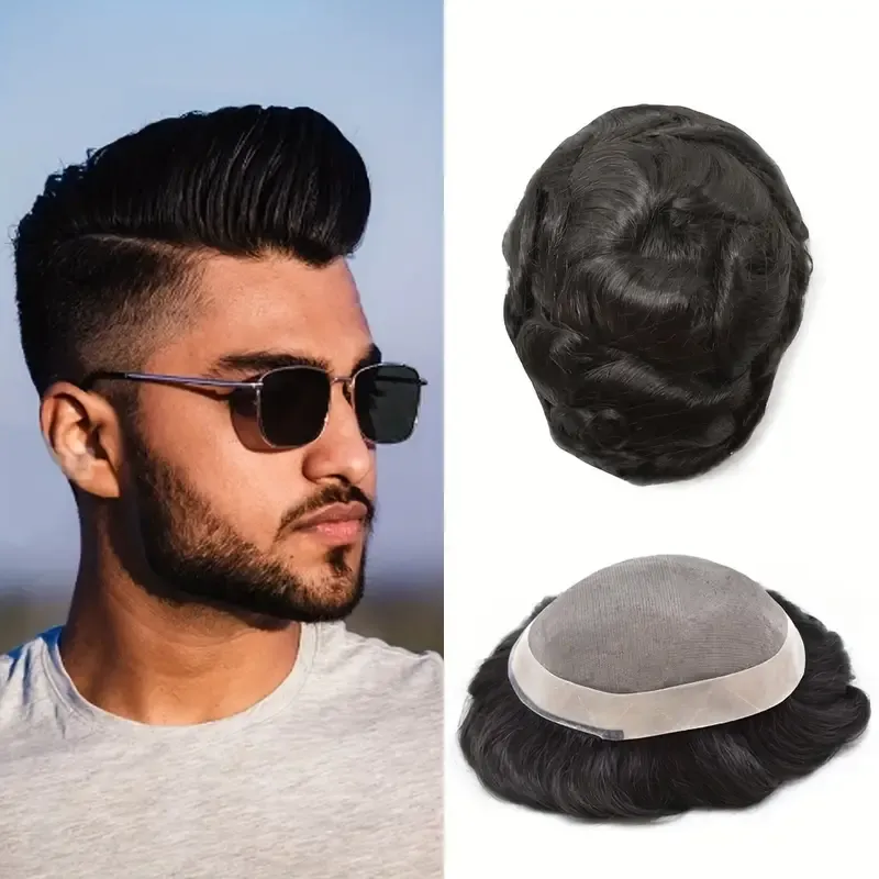 GL-MONO Toupee For Man 100% Human Hair Fine Mono Base Around Poly With Gauze Breathable Hair Replacement System