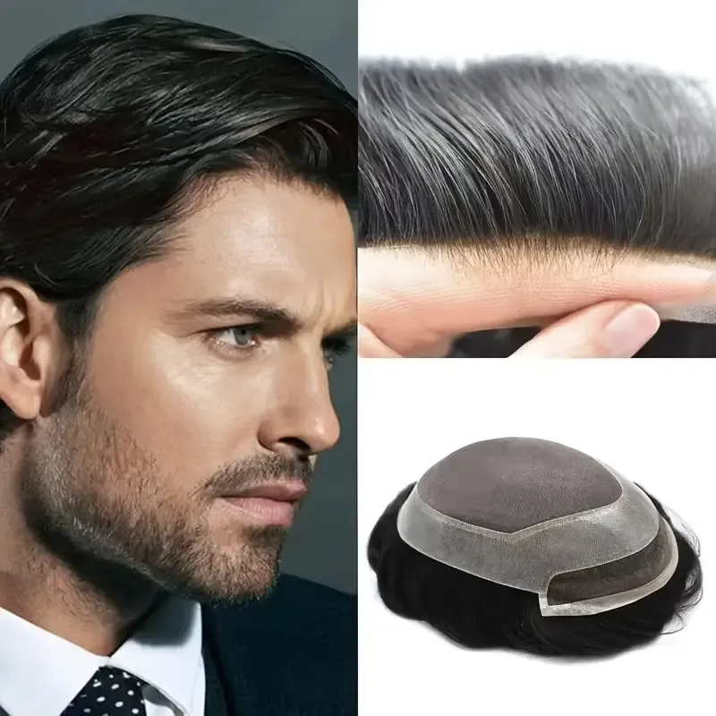 GL-Hollywood  Men&#39;S Business Style Loose Wave Human Hair Wig, Full Hand-Made Crochet, Breathable French Lace, Durable NPU Strap, Real Hairline,