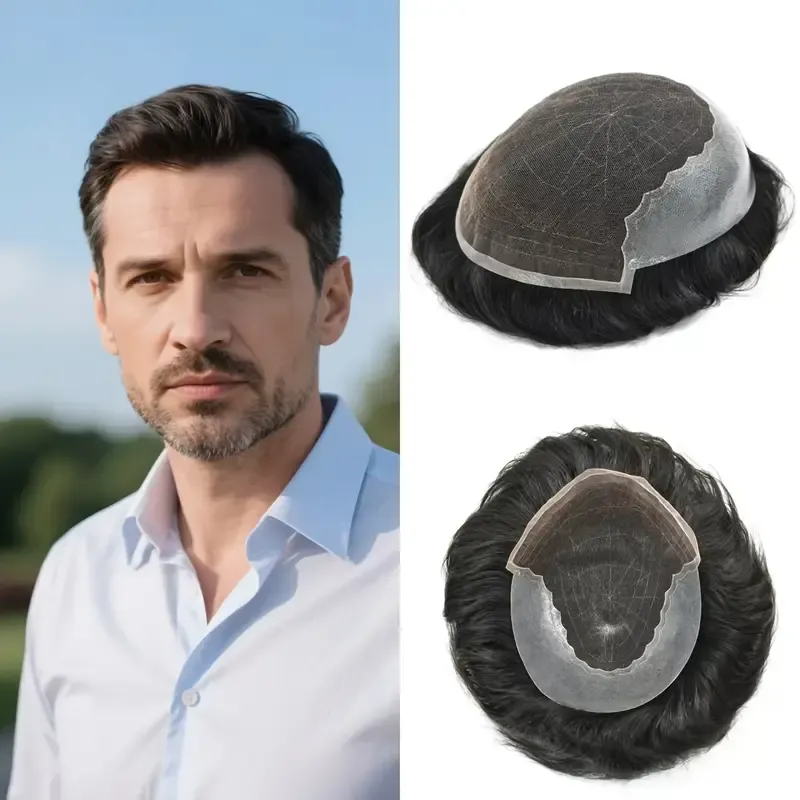 GL-Q6 Men&#39;S Natural Hair Toupee, Human Hair Swiss Lace Base PU Around Man Hair Replacement System, For Thin Or Hairloss