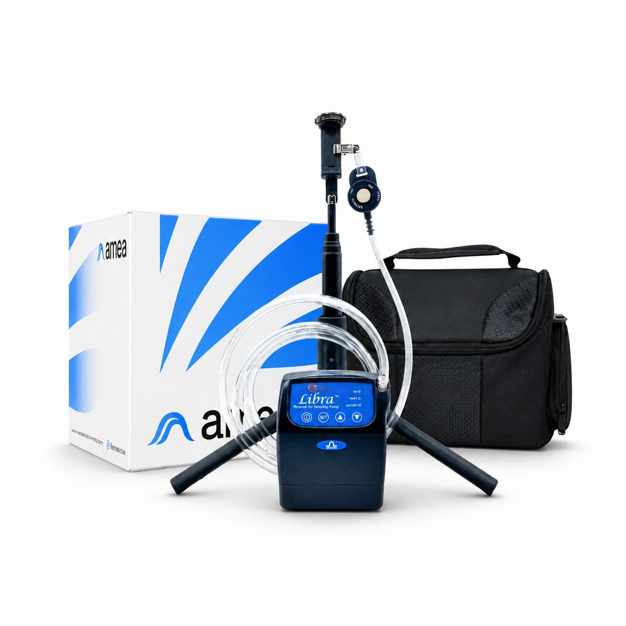 AMEA mycotoxin air test kit with air pump, sampling tubing, carrying case, and product box