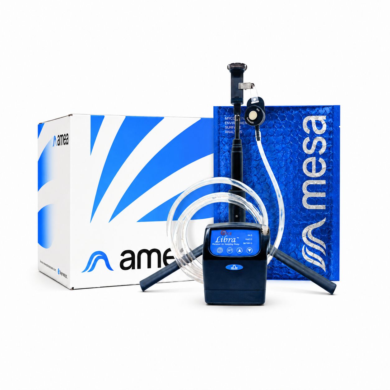 AMEA and MESA mycotoxin combo kit image with air sampling pump, tubing, test box, and surface swab packaging