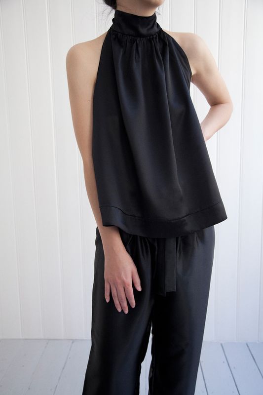 Black Silk Satin Halter Neck Top