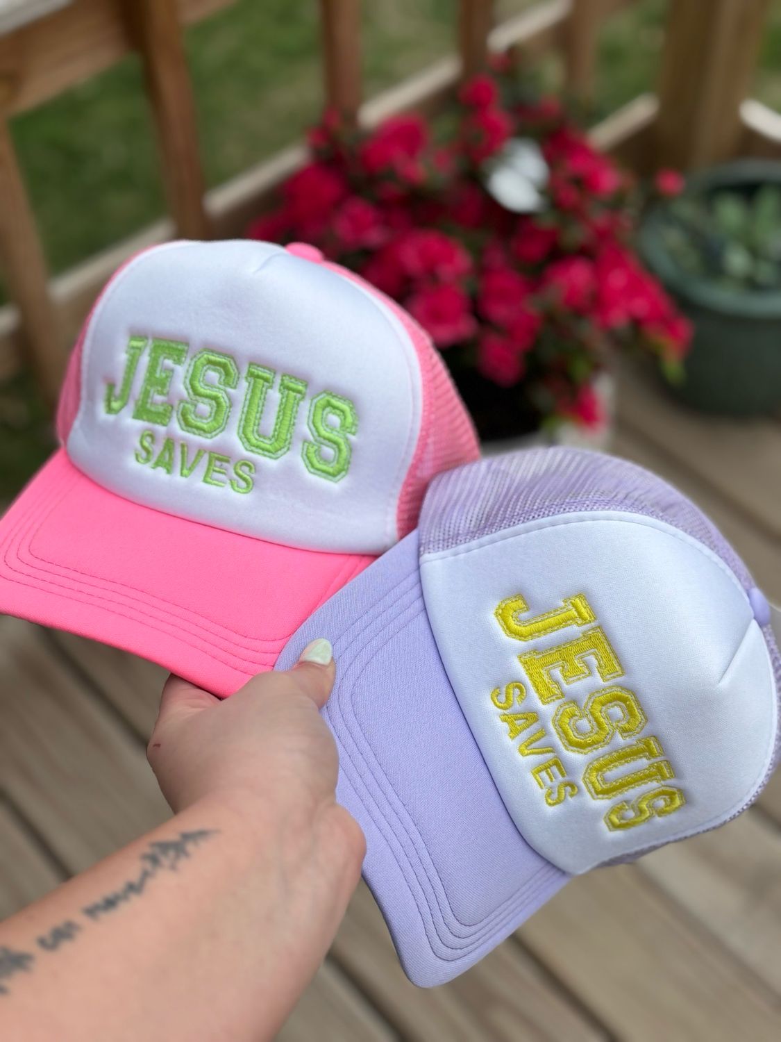Jesus Saves Trucker Hat - Lavender/ Yellow