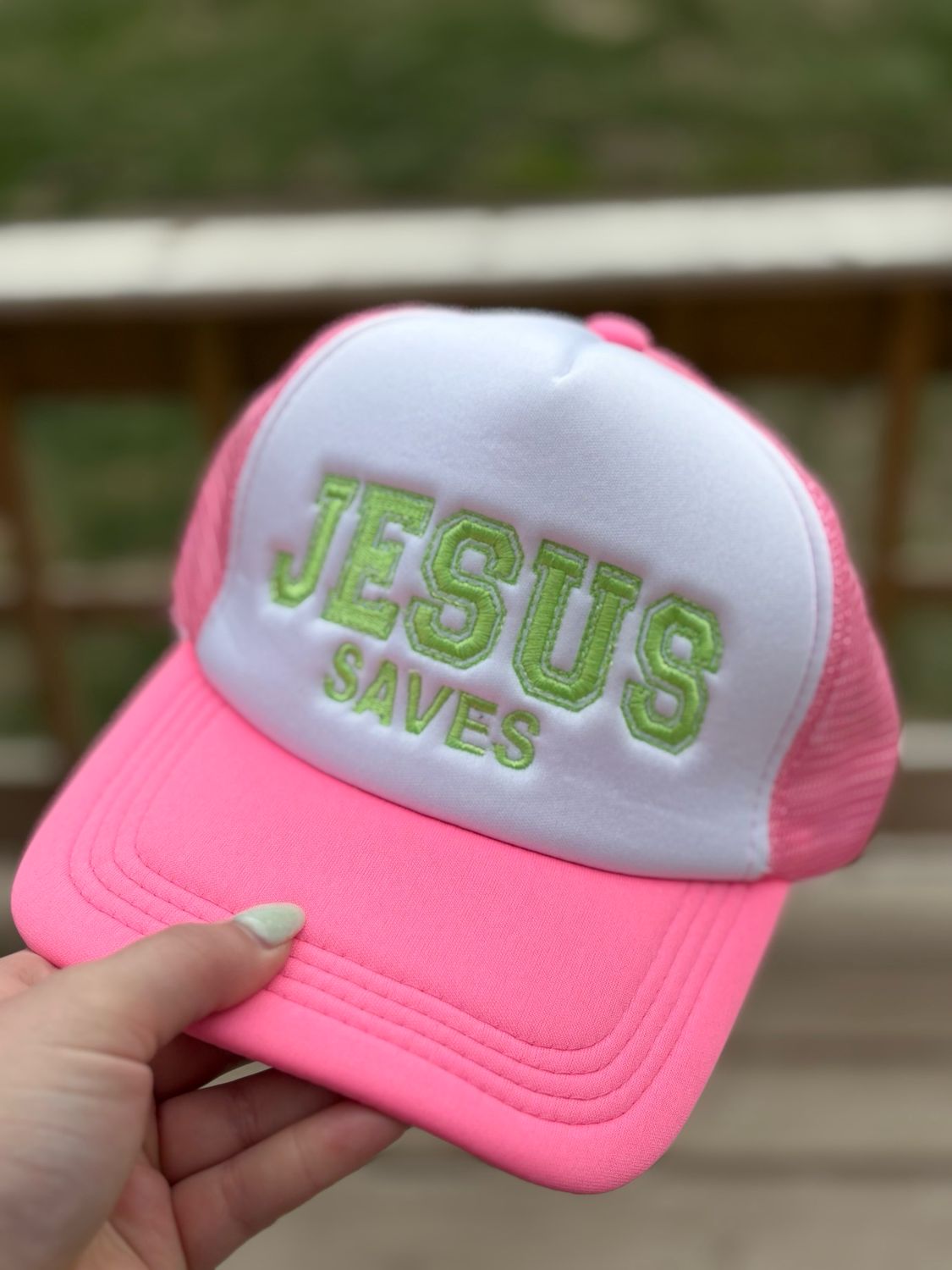 Jesus Saves Trucker Hat - Pink / Lime