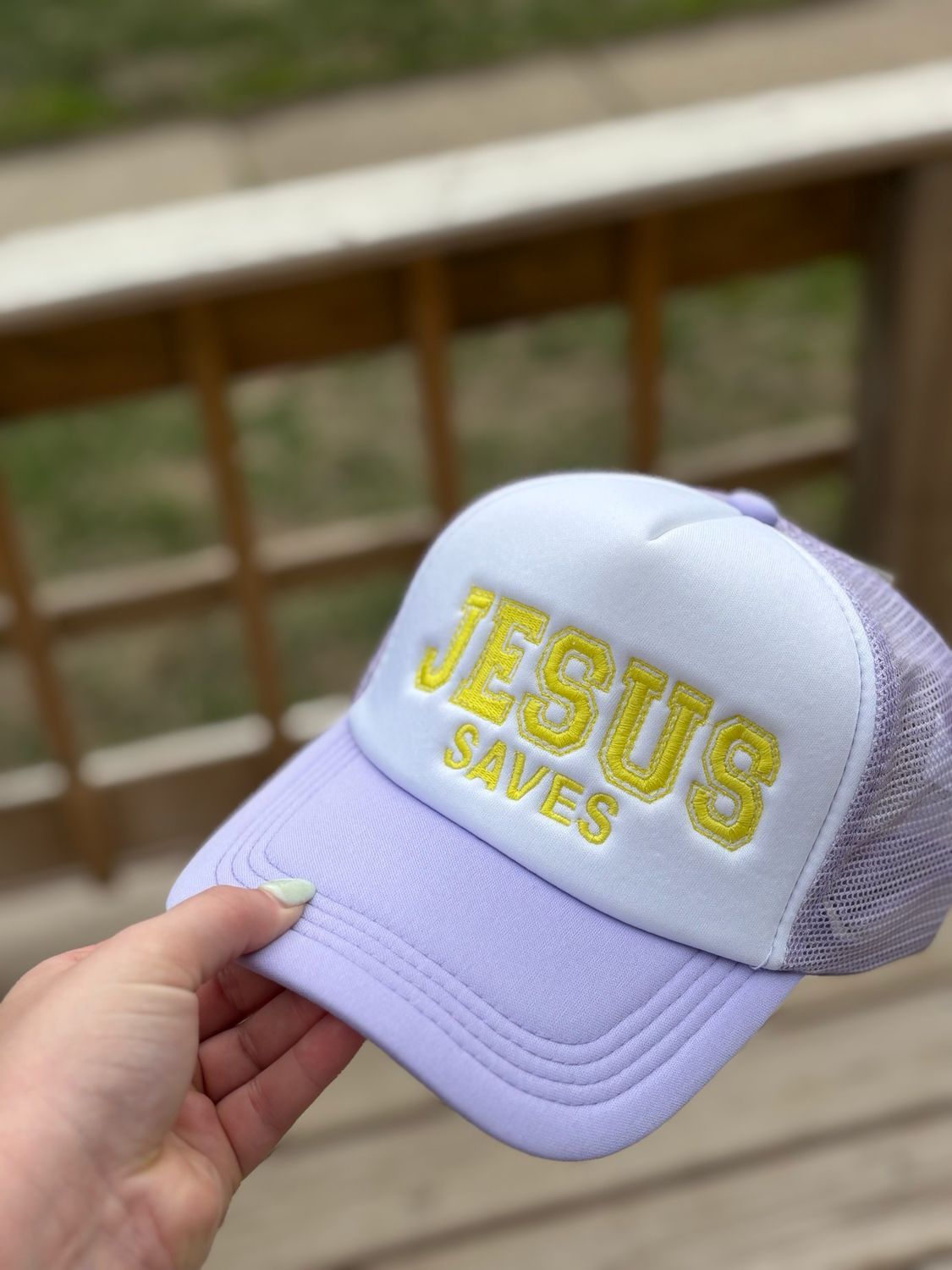 Jesus Saves Trucker Hat - Lavender/ Yellow