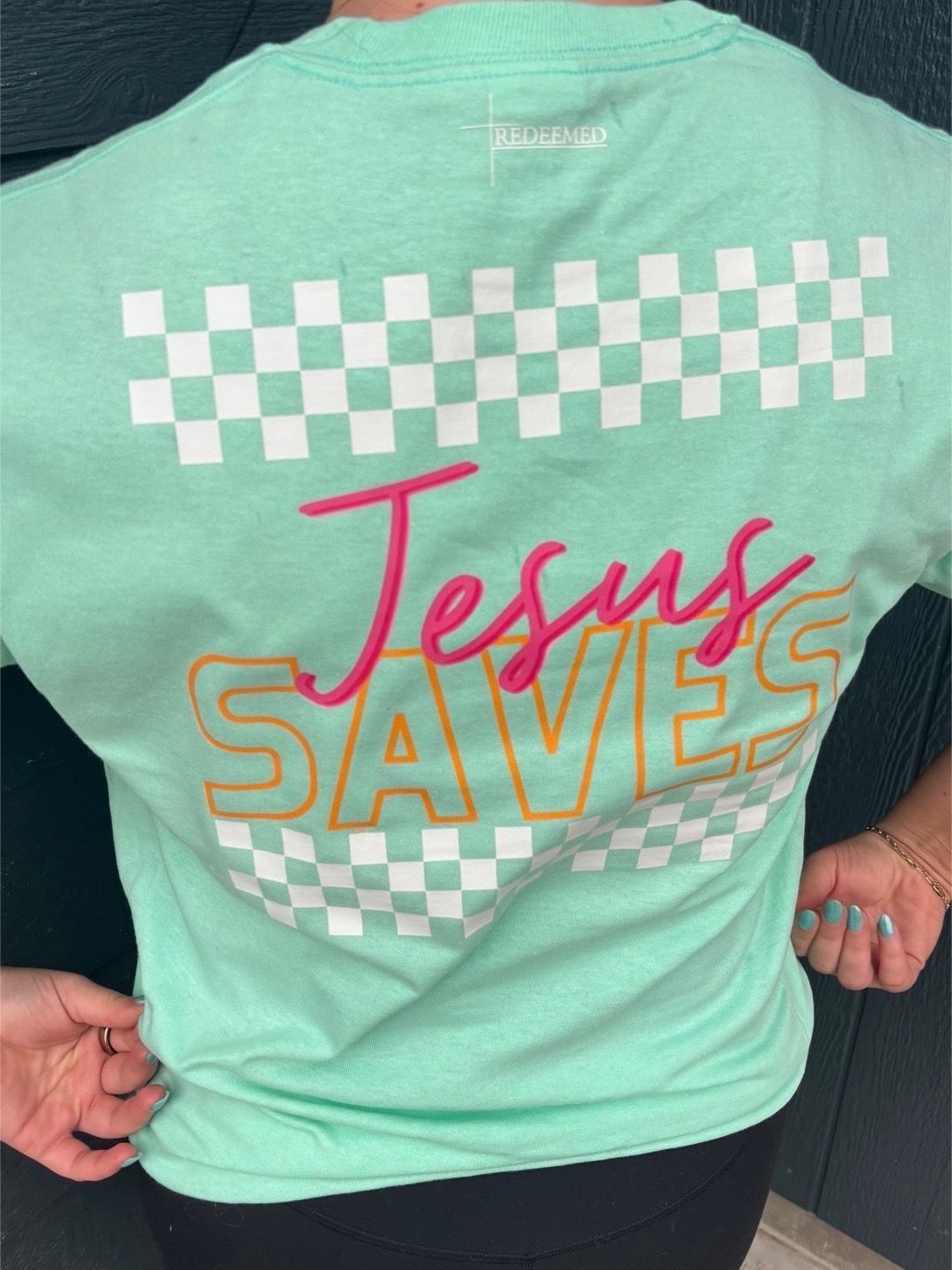 Jesus Saves Checkered Tee - Mint