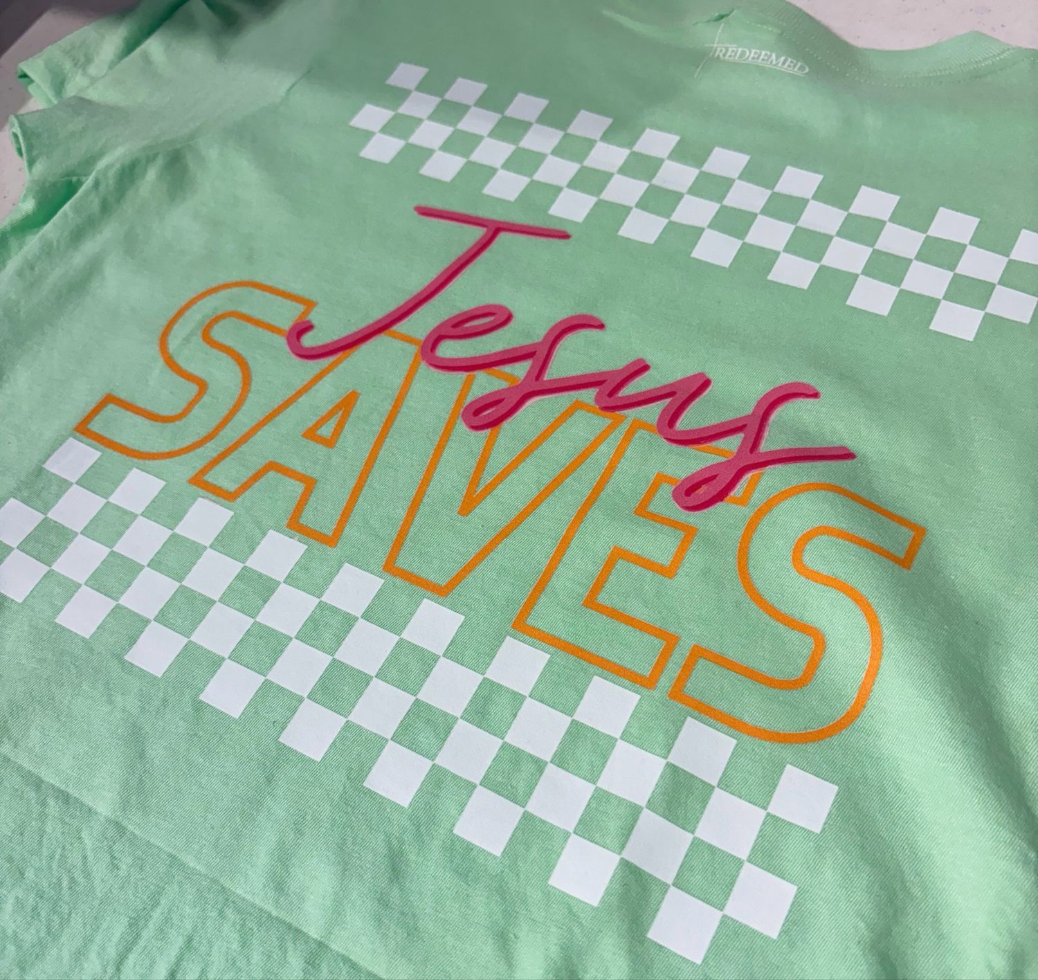 KIDS Jesus Saves Checkered Tee - Mint