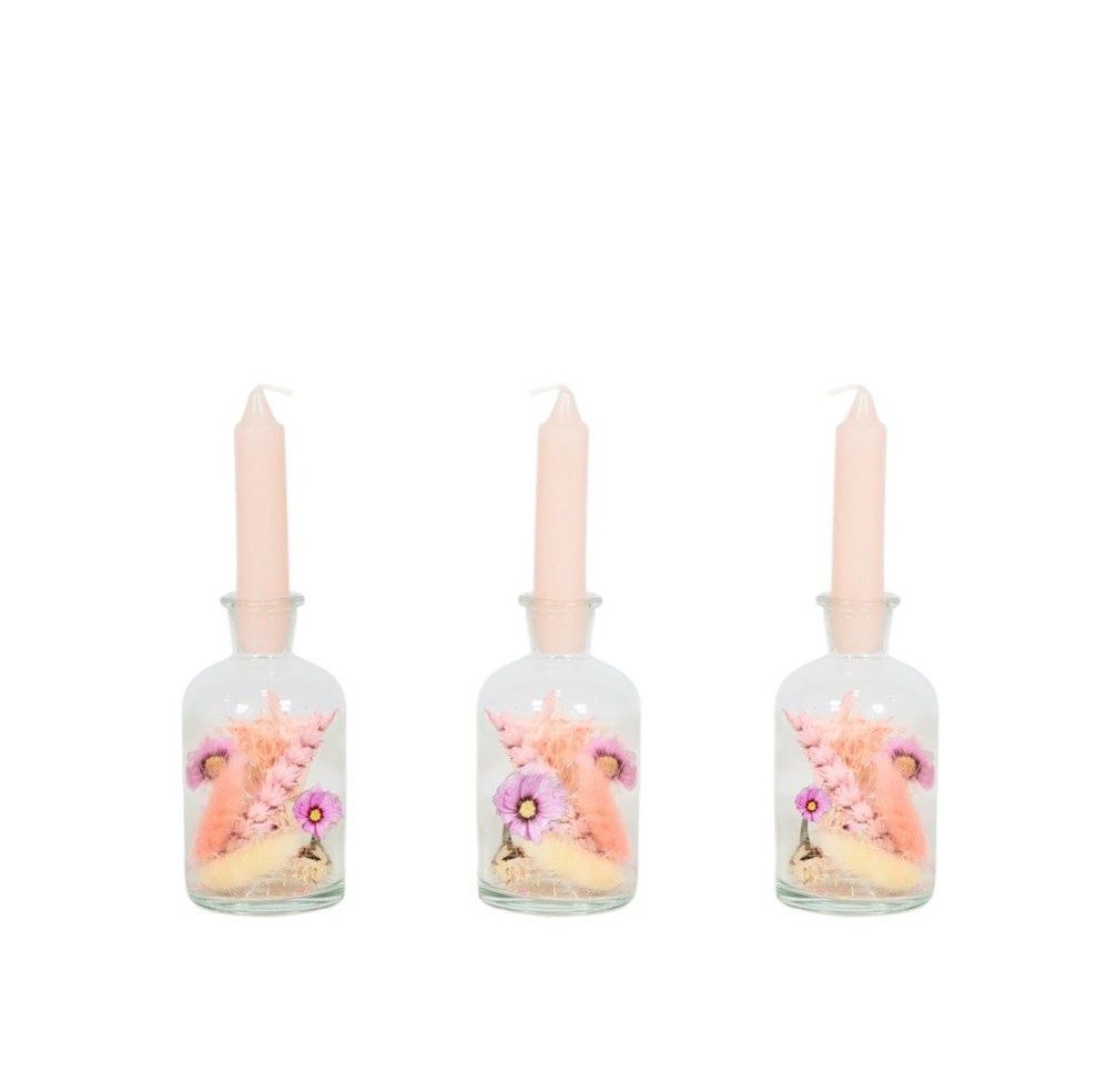 Droogbloemen in fles met kaars - pink