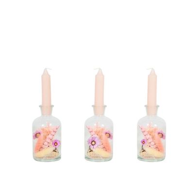 Droogbloemen in fles met kaars - pink