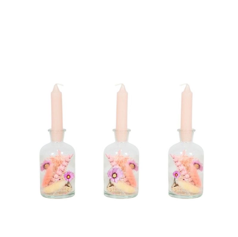 Droogbloemen in fles met kaars - pink