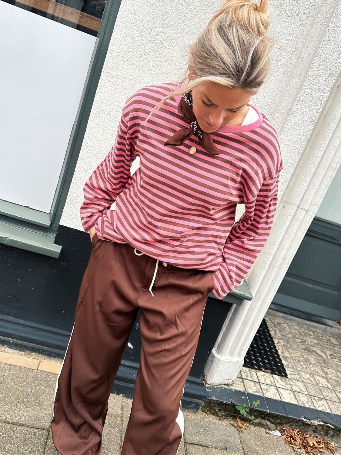 Longsleeve Anna streep  - bruine/roze