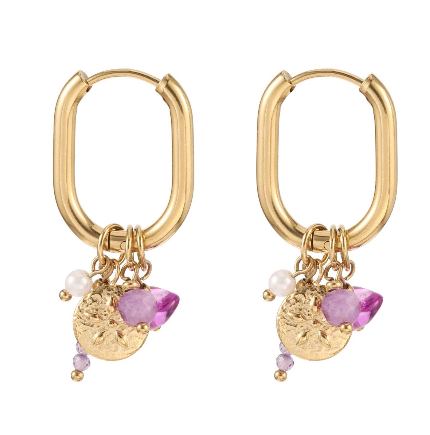 Oorringen met muntje &amp; paarse kralen
