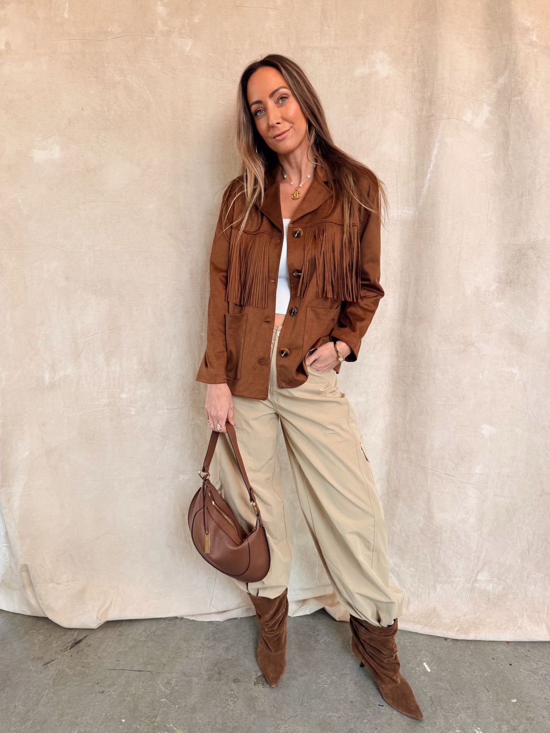 Suède jasje met franjes - bruin