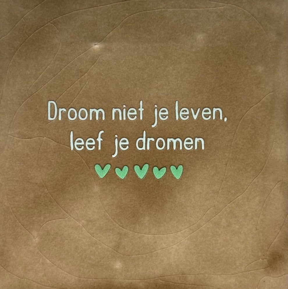 Tegel - 'droom niet je leven, leef je dromen…' - taupe/lichtgroen(mint)