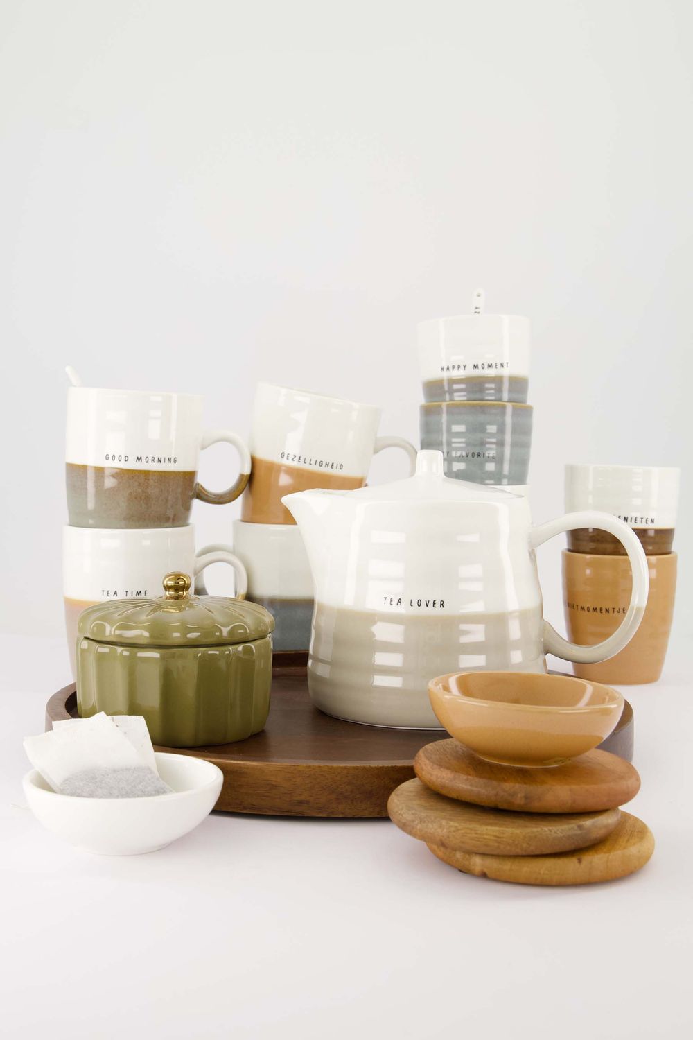 Koffiemok keramiek 'genieten' - wit/zand