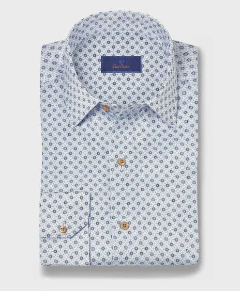 David Donahue White &amp; Blue Geometric Print Sport Shirt CBSM11604135