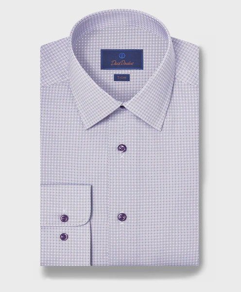 David Donahue White &amp; Lilac Geometric Print Dress Shirt TBSP12202133