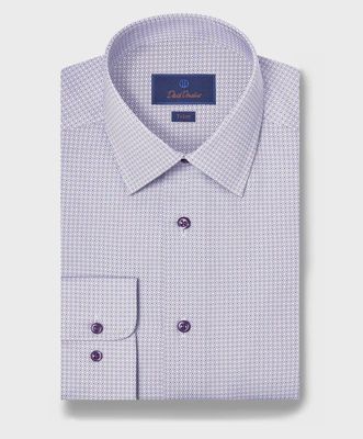 David Donahue White &amp; Lilac Geometric Print Dress Shirt TBSP12202133