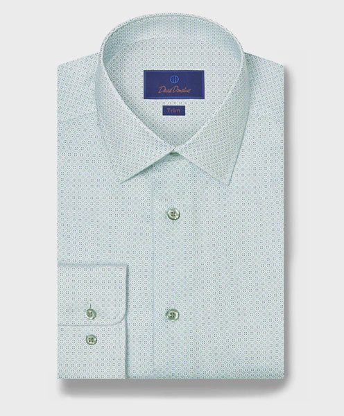 David Donahue White &amp; Pistachio Geometric Print Dress Shirt TBSP12601129