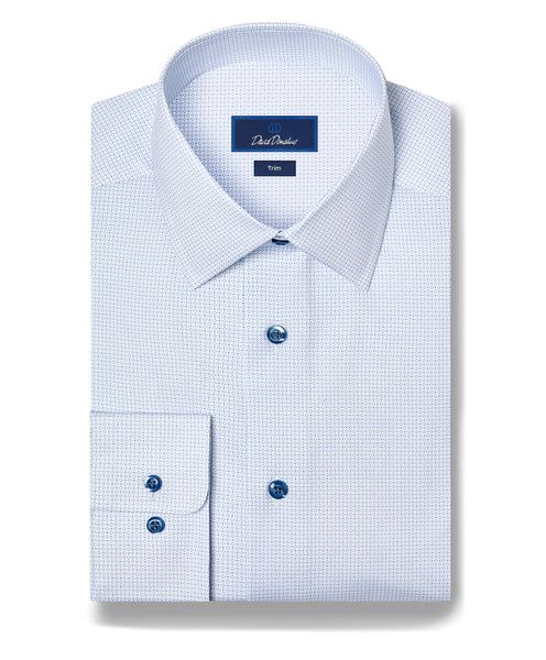 David Donahue White &amp; Blue Micro Geometric Print Stretch Dress Shirt TBSP13005135