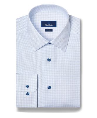 David Donahue White &amp; Blue Micro Geometric Print Stretch Dress Shirt TBSP13005135