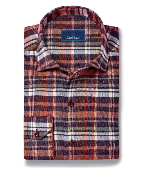David Donahue Merlot &amp; Multi Brushed Plaid Sport Shirt CMSW13827607