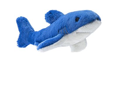 Small shark plush dog toy posed as if swimming