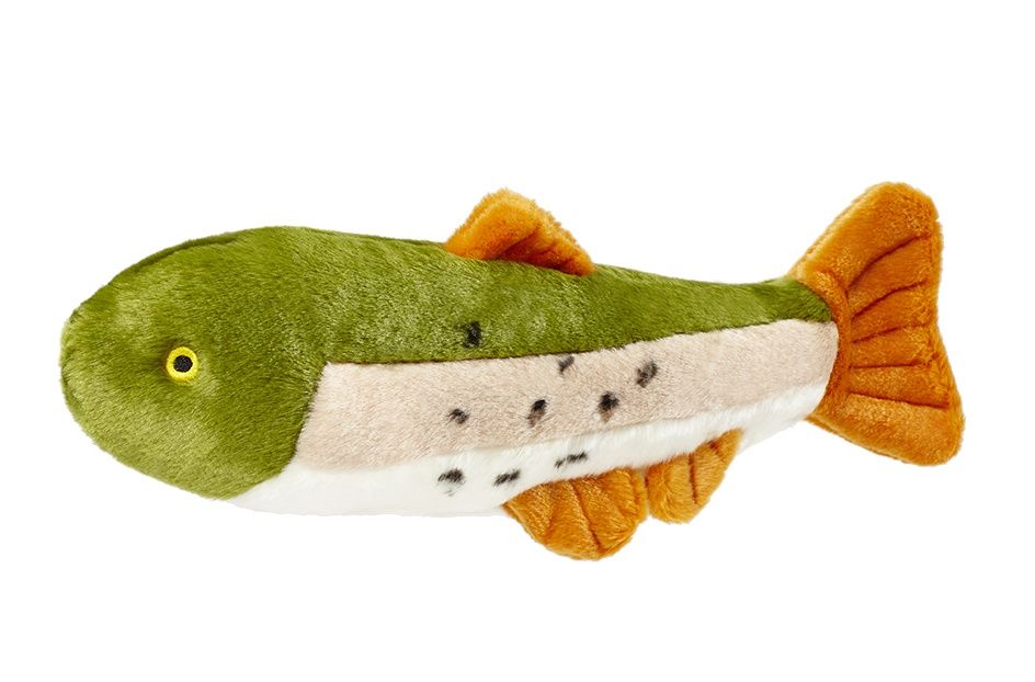 Fluff &amp; Tuff Ruby Rainbow Trout plush dog toy with rainbow coloring.