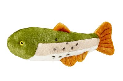 Fluff &amp; Tuff Ruby Rainbow Trout plush dog toy with rainbow coloring.