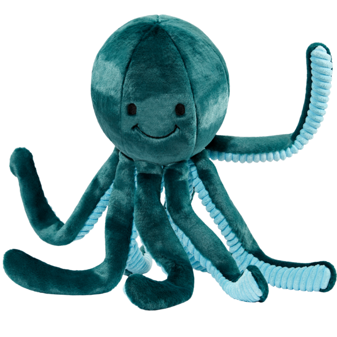 Extra large plush octopus dog toy posed for tug play