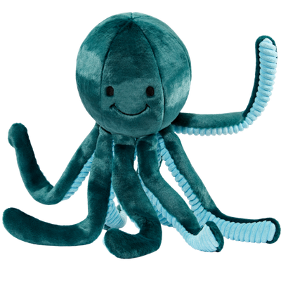 Extra large plush octopus dog toy posed for tug play