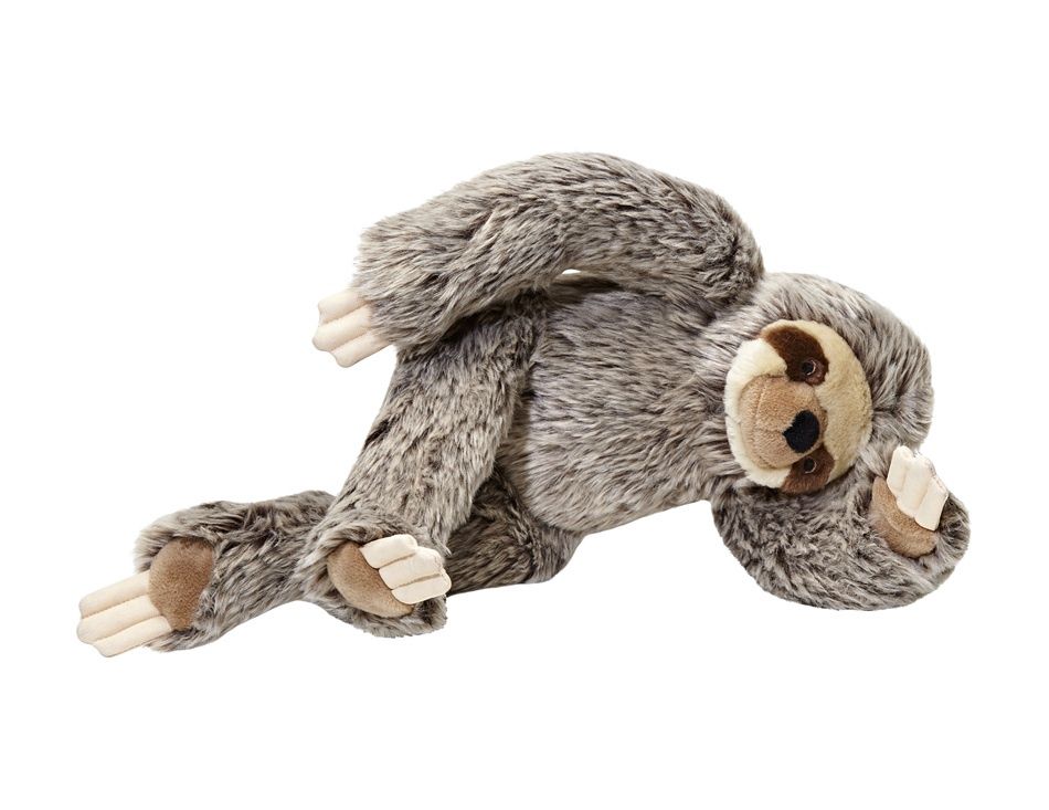 Large plush sloth dog toy posed hanging or lounging
