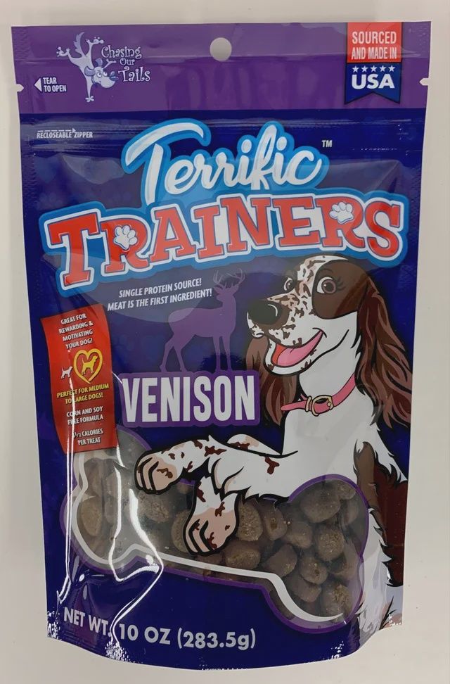 Terrific Trainers Venison dog treats in a 10 oz resealable bag by Chasing Our Tails, made in Minnesota.