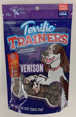 Terrific Trainers Venison dog treats in a 10 oz resealable bag by Chasing Our Tails, made in Minnesota.