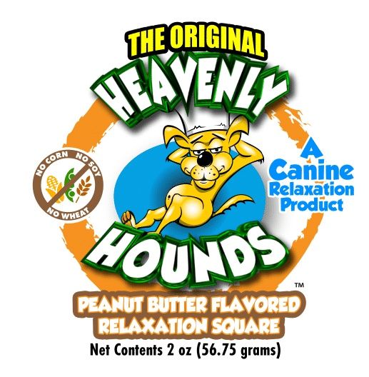 Heavenly Hounds Calming Squares package – peanut butter relaxation treats for anxious dogs.