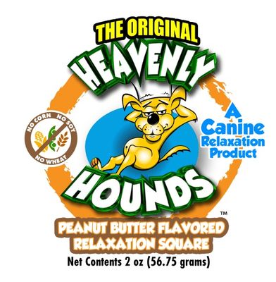 Heavenly Hounds Calming Squares package – peanut butter relaxation treats for anxious dogs.