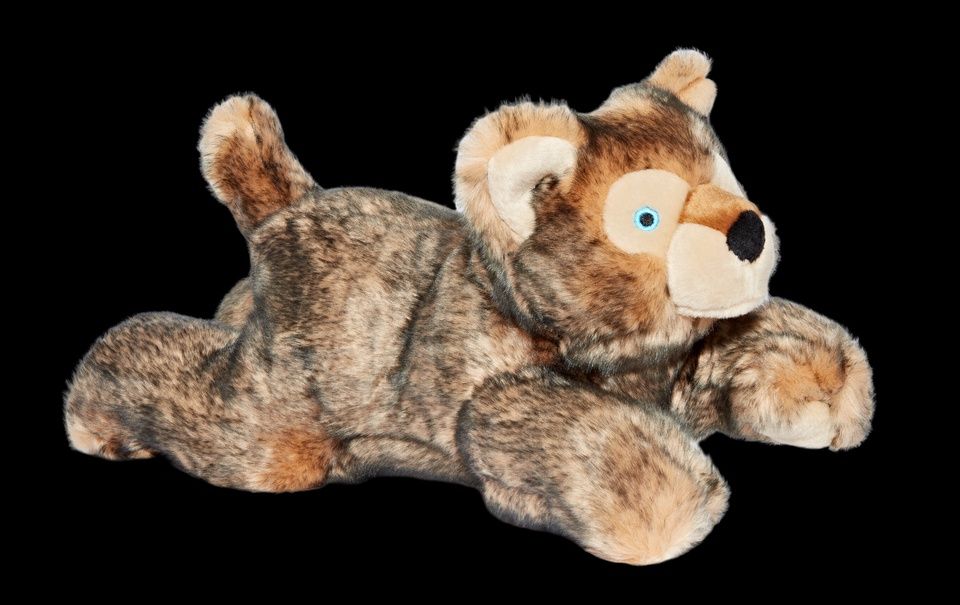 Fluff &amp; Tuff Lobo Wolf plush dog toy with gray fur and blue eyes
