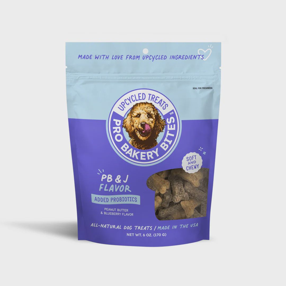 Bag of Pro Bakery Bites Peanut Butter &amp; Jelly dog treats baked in the Midwest