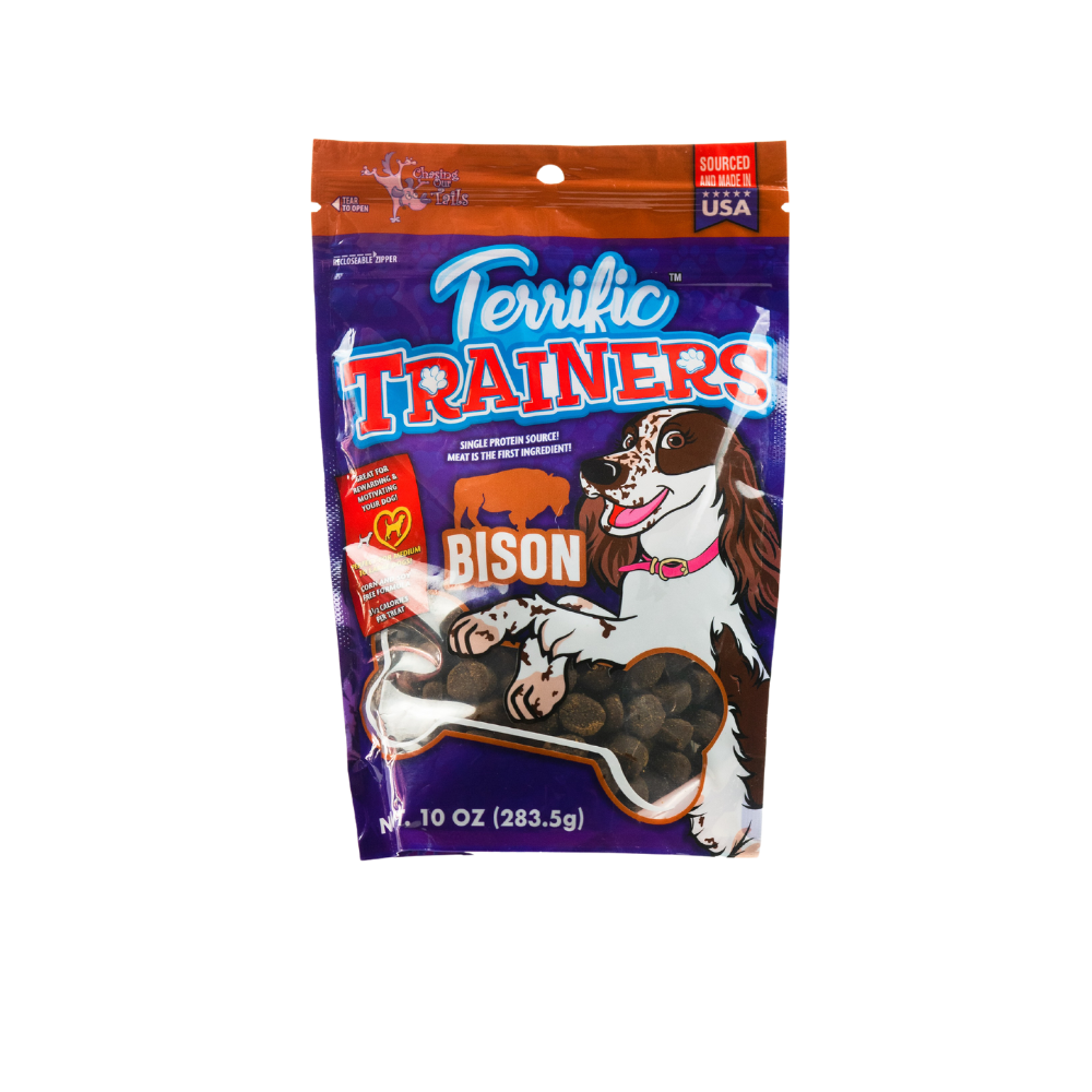 Terrific Trainers Bison dog treats in a 10 oz resealable bag by Chasing Our Tails, made in Minnesota.