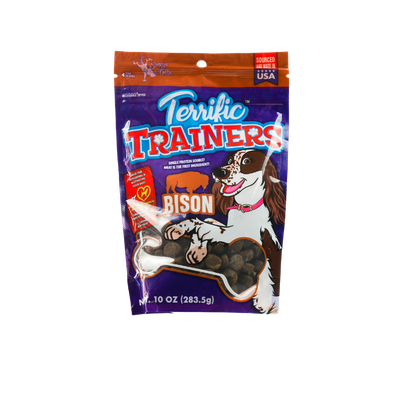 Terrific Trainers Bison dog treats in a 10 oz resealable bag by Chasing Our Tails, made in Minnesota.