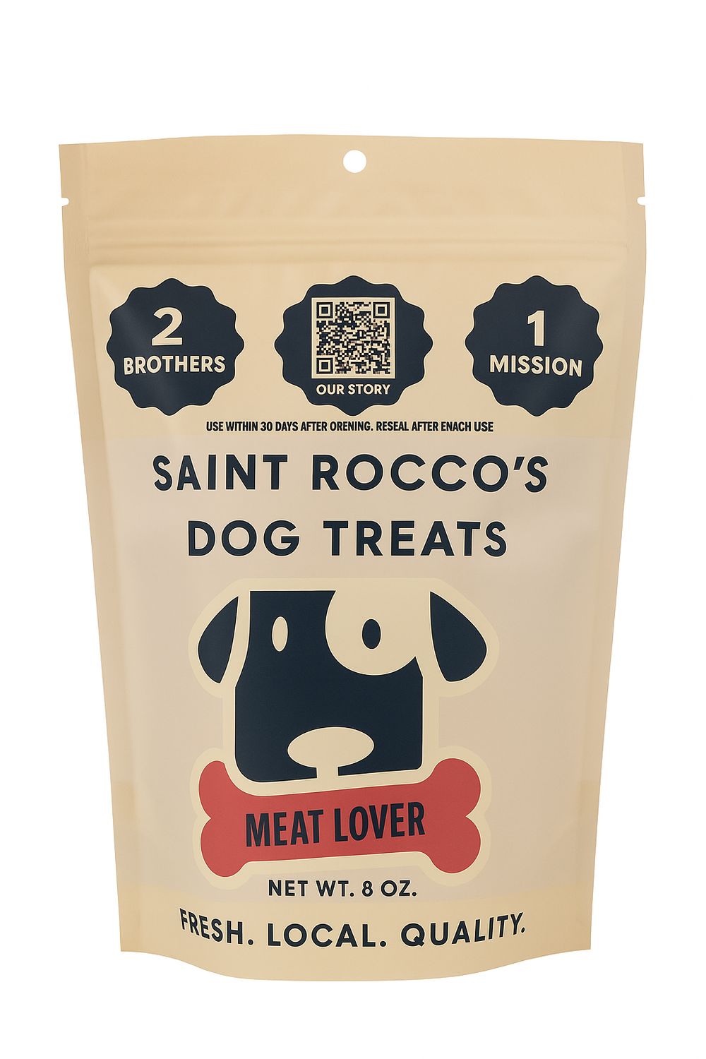 Saint Rocco’s Meat Lover Dog Treats – 8 oz bag. USA-made, small-batch, hand-baked dog treats with real chicken and bacon. 