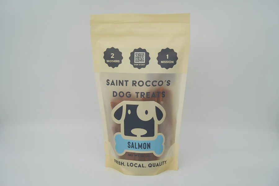 Saint Rocco’s Wild Salmon Dog Treats in resealable USA-made bag with real salmon and natural ingredients.