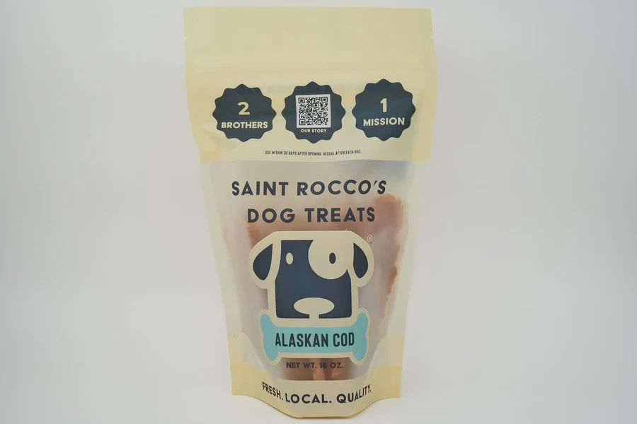 Saint Rocco’s Cod Dog Treats in resealable USA-made bag with wild-caught cod and clean, natural ingredients.

