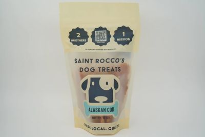 Saint Rocco’s Cod Dog Treats in resealable USA-made bag with wild-caught cod and clean, natural ingredients.

