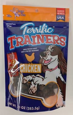 Terrific Trainers Chicken dog treats by Chasing Our Tails in a 10 oz bag, made in the USA.