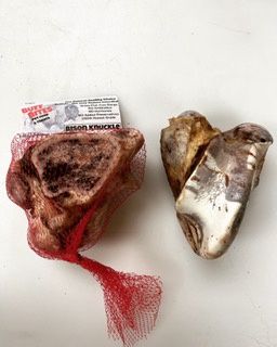 BAKED BISON KNUCKLE BONES Buff Bites Free-range bison knuckle bone with marrow—no preservatives, hormones, or antibiotics. Made in the USA.