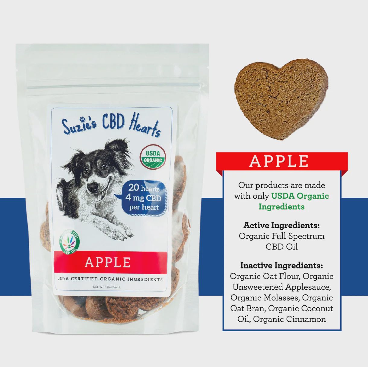 Suzie’s Apple CBD Hearts bag – USDA organic calming dog treats with 4 mg full-spectrum CBD oil each.