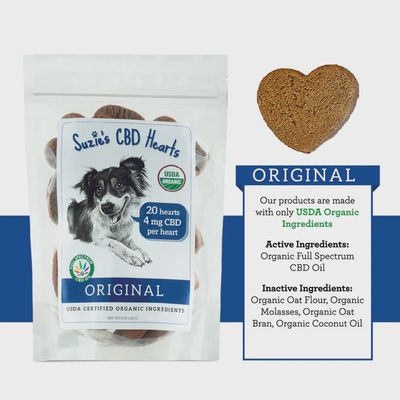 Suzie’s Original CBD Hearts bag – USDA organic calming dog treats with 4 mg full-spectrum CBD oil each.