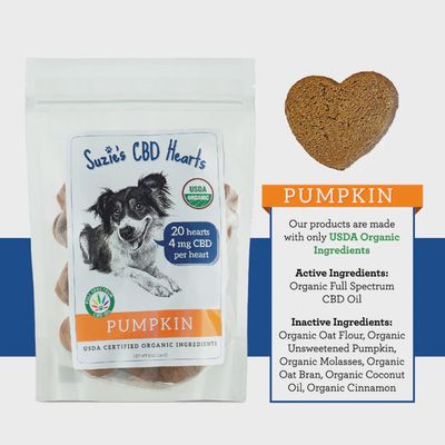 Suzie’s CBD Hearts bag – USDA organic calming dog treats with 4 mg full-spectrum CBD oil each.