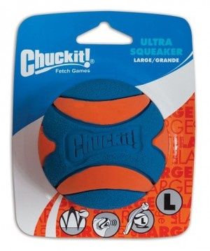 Chuckit! Ultra Squeaker Ball – durable rubber dog fetch ball with squeaker, high bounce, and bright colors. Large